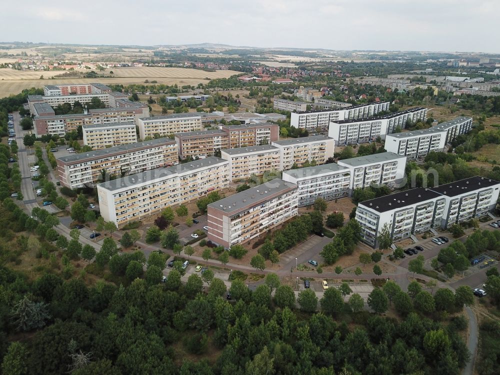 Halle (Saale) from above - Skyscrapers in the residential area of industrially manufactured settlement Heide Nord in Halle (Saale) in the state Saxony-Anhalt, Germany