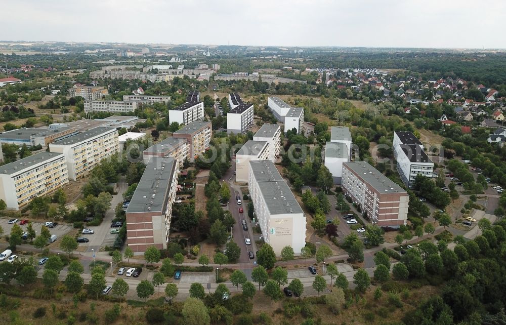 Halle (Saale) from the bird's eye view: Skyscrapers in the residential area of industrially manufactured settlement Heide Nord in Halle (Saale) in the state Saxony-Anhalt, Germany