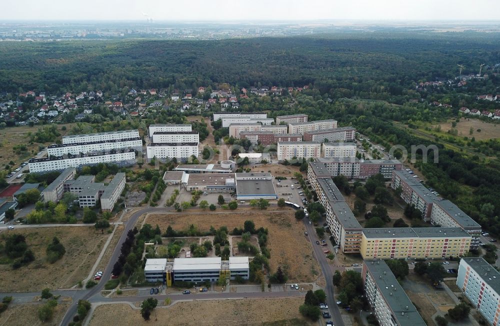 Halle (Saale) from the bird's eye view: Skyscrapers in the residential area of industrially manufactured settlement Heide Nord in Halle (Saale) in the state Saxony-Anhalt, Germany