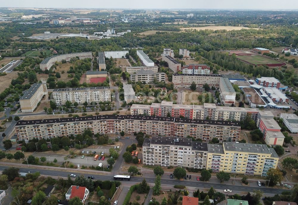 Aerial photograph Halle (Saale) - Skyscrapers in the residential area of industrially manufactured settlement Heide Nord in Halle (Saale) in the state Saxony-Anhalt, Germany