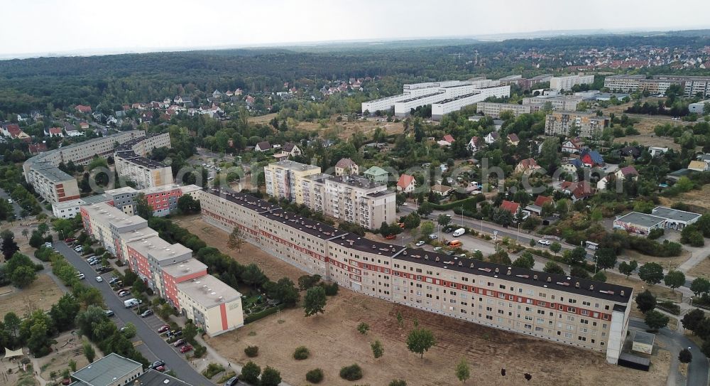 Aerial image Halle (Saale) - Skyscrapers in the residential area of industrially manufactured settlement Heide Nord in Halle (Saale) in the state Saxony-Anhalt, Germany