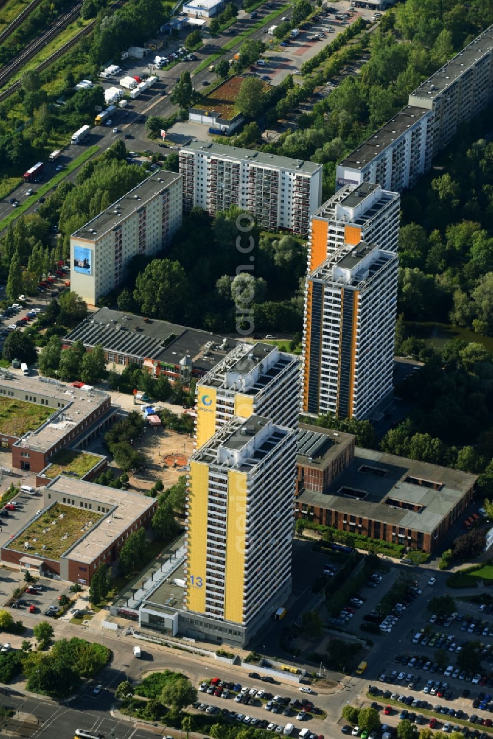 Berlin from above - Skyscrapers in the residential area of industrially manufactured settlement on Helene-Weigel-Platz in the district Marzahn-Hellersdorf in Berlin, Germany