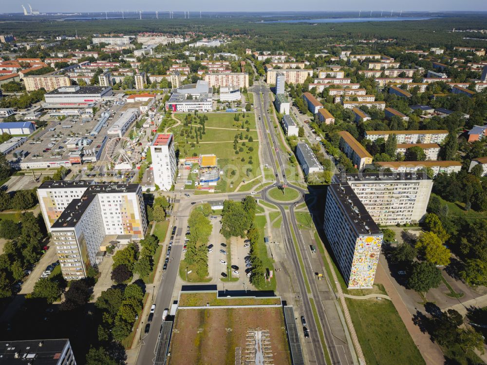 Hoyerswerda from above - Residential area of industrially manufactured settlement on place Lausitzer Platz in Hoyerswerda in the state Saxony, Germany