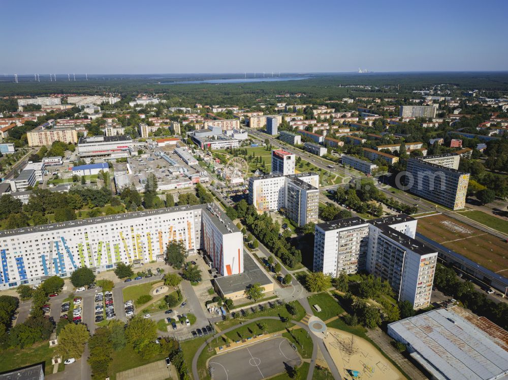 Aerial image Hoyerswerda - Residential area of industrially manufactured settlement on place Lausitzer Platz in Hoyerswerda in the state Saxony, Germany