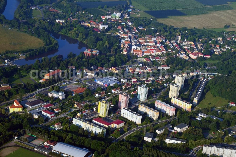 Klasterec nad Ohri from above - Skyscrapers in the residential area of industrially manufactured settlement in Klasterec nad Ohri in Ustecky kraj - Aussiger Region, Czech Republic