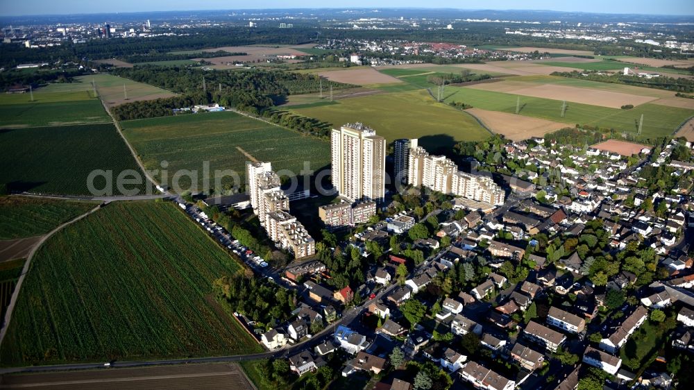 Aerial photograph Köln - Skyscrapers in the residential area of industrially manufactured settlement Auf dem Koelnberg in the district Menschenich in Cologne in the state North Rhine-Westphalia, Germany