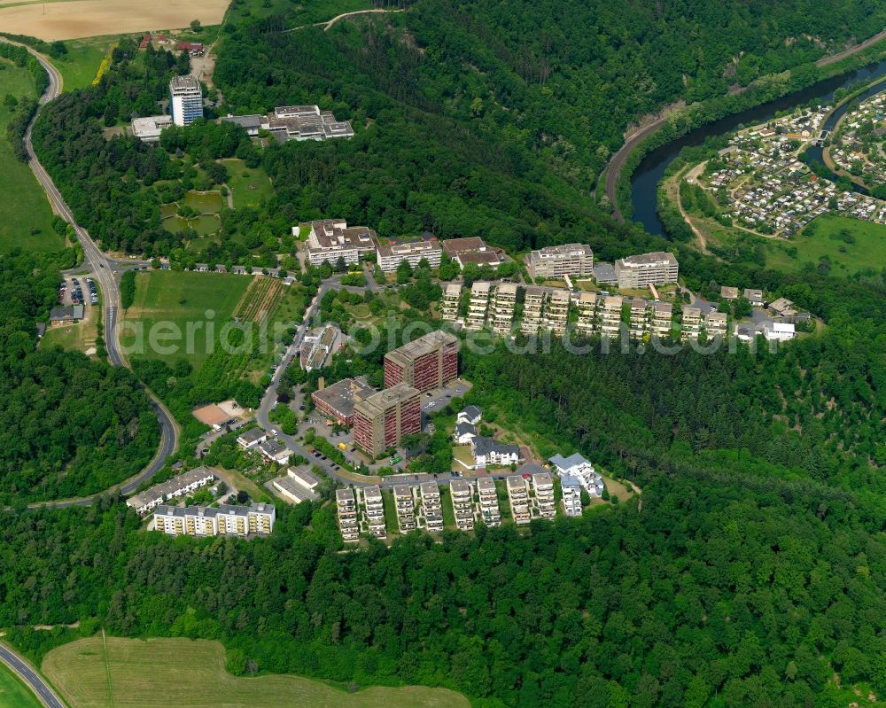 Aerial photograph Lahnstein - Skyscrapers in the residential area of industrially manufactured settlement in Lahnstein in the state Rhineland-Palatinate