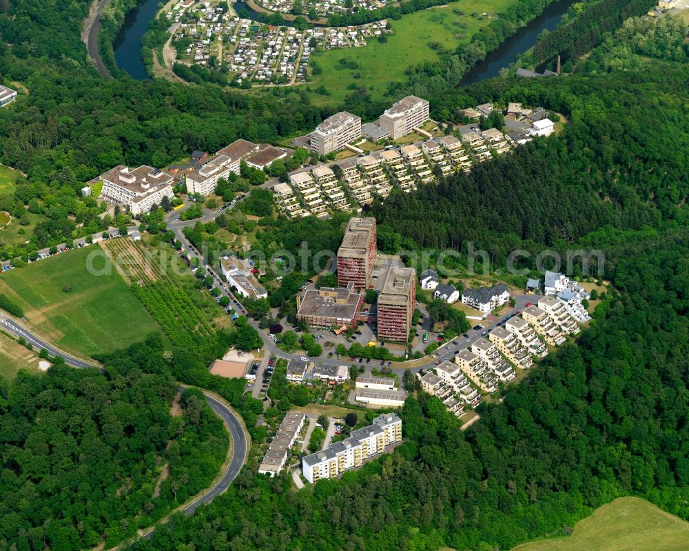Aerial photograph Lahnstein - Skyscrapers in the residential area of industrially manufactured settlement in Lahnstein in the state Rhineland-Palatinate