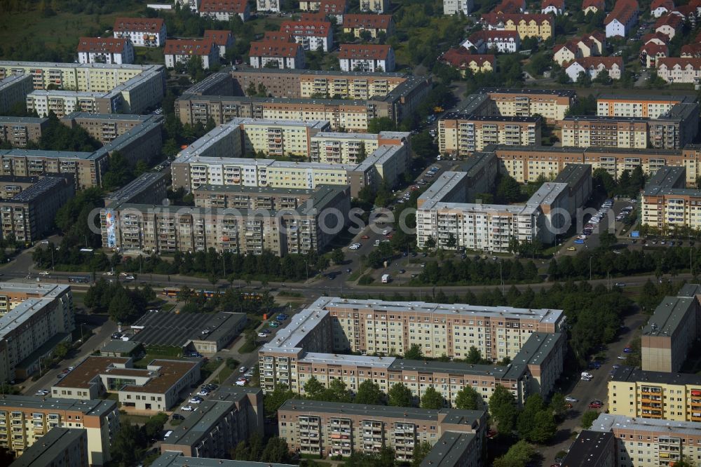 Leipzig from above - Skyscrapers in the residential area of industrially manufactured settlement at the Heiterblickallee in Leipzig in the state Saxony