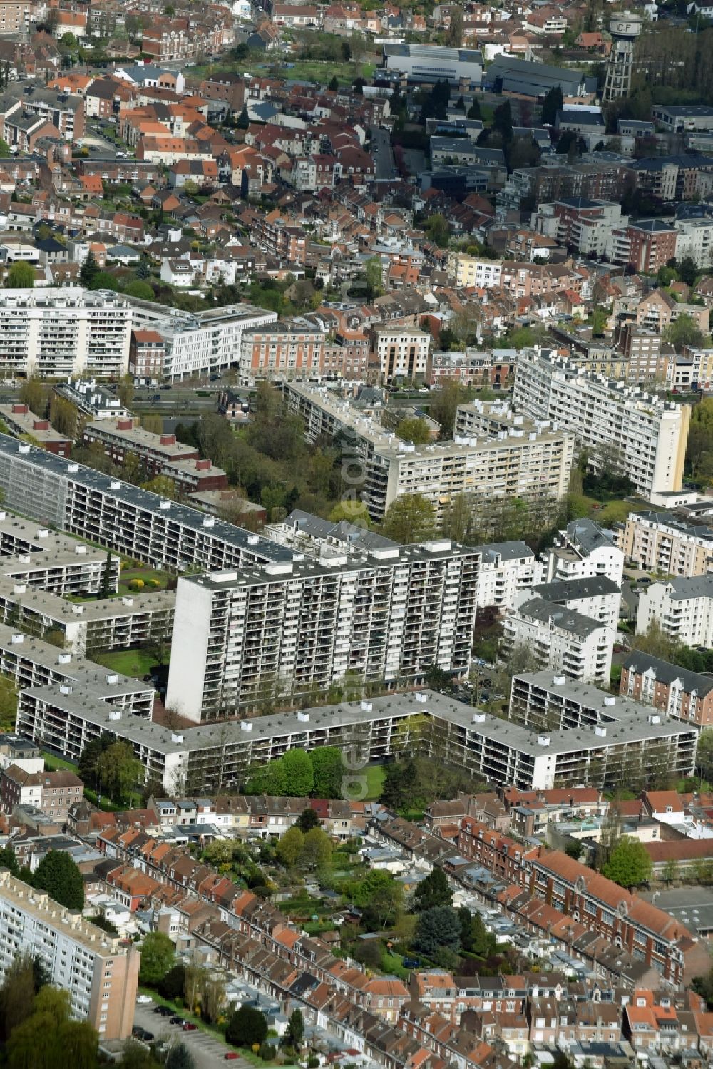 Lille from the bird's eye view: Skyscrapers in the residential area of industrially manufactured settlement on Rue Jean Jaures in Lille in Nord-Pas-de-Calais Picardy, France