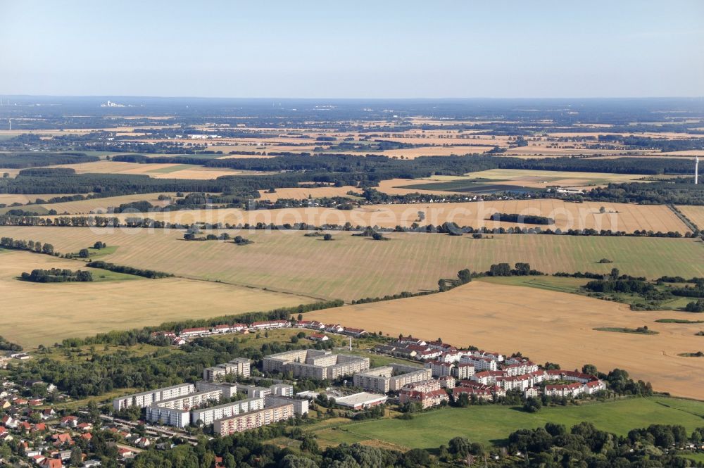 Bernau from above - Skyscrapers in the residential area of industrially manufactured settlement Merkurstrasse - Herkulesstrasse in the district Sued in Bernau in the state Brandenburg, Germany