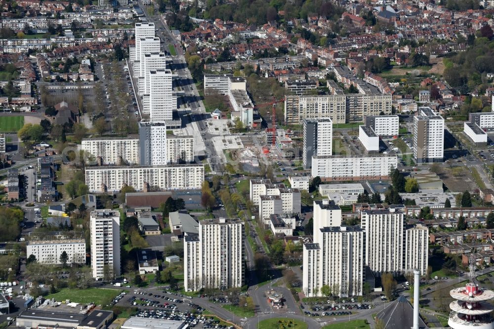 Aerial image Mons-en-Barœul - Skyscrapers in the residential area of industrially manufactured settlement on Avenue Robert Schuman in Mons-en-BarA?ul in Nord-Pas-de-Calais Picardy, France