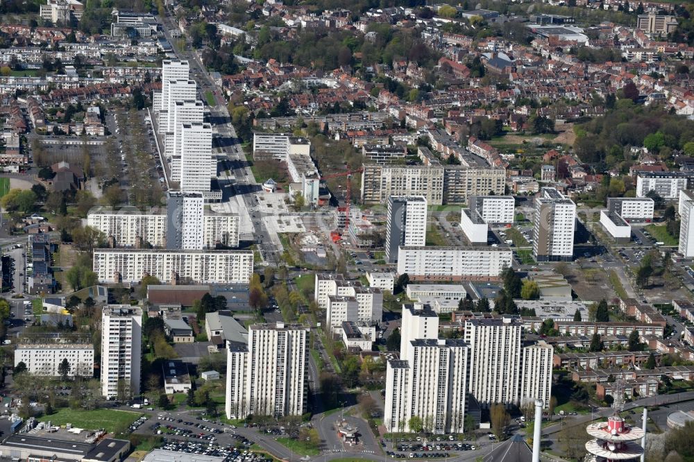 Mons-en-Barœul from above - Skyscrapers in the residential area of industrially manufactured settlement on Avenue Robert Schuman in Mons-en-BarA?ul in Nord-Pas-de-Calais Picardy, France