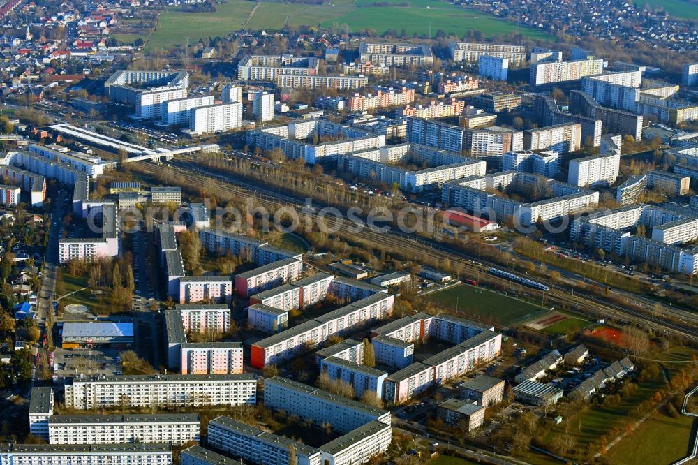 Berlin from above - Skyscrapers in the residential area of industrially manufactured settlement on Maerkische Allee in Berlin, Germany