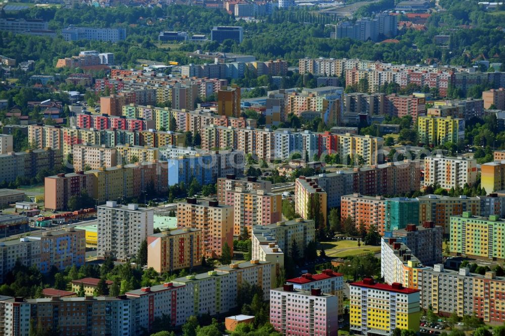 Pilsen from above - Skyscrapers in the residential area of industrially manufactured settlement in the district Bolvec in Pilsen in Boehmen, Czech Republic