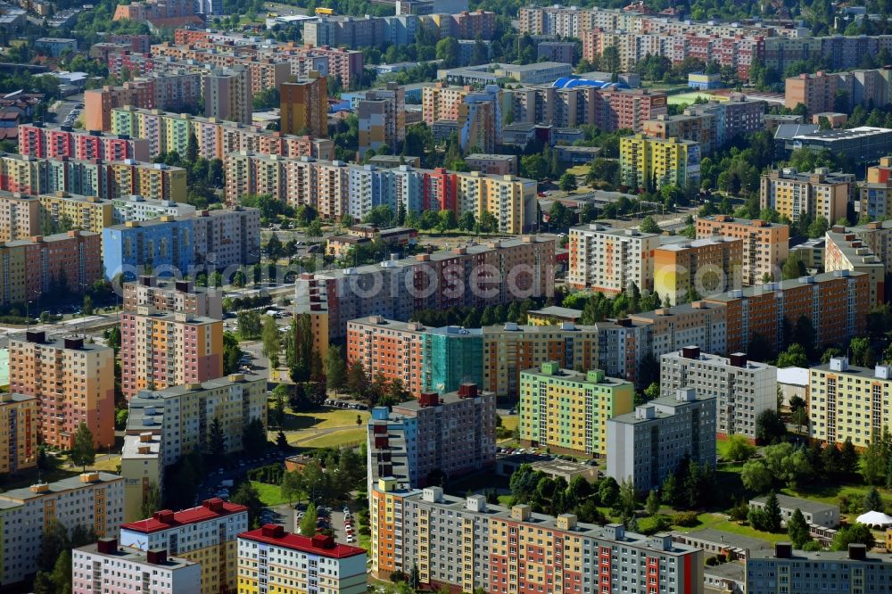 Pilsen from the bird's eye view: Skyscrapers in the residential area of industrially manufactured settlement in the district Bolvec in Pilsen in Boehmen, Czech Republic