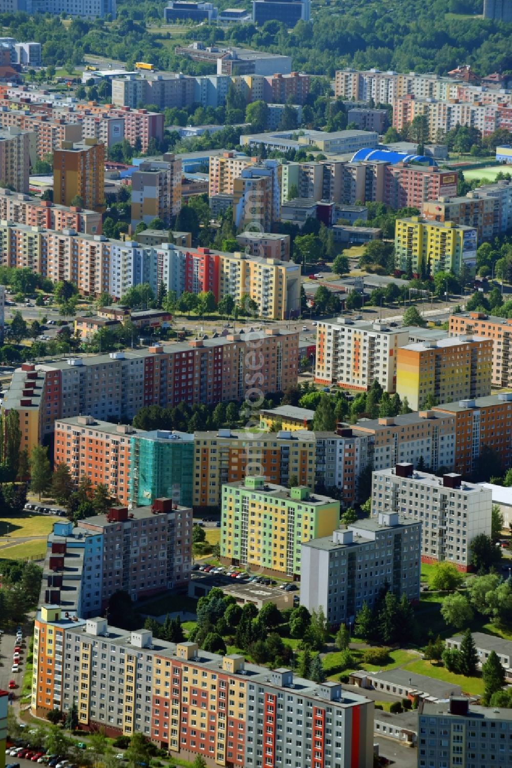 Aerial image Pilsen - Skyscrapers in the residential area of industrially manufactured settlement in the district Bolvec in Pilsen in Boehmen, Czech Republic