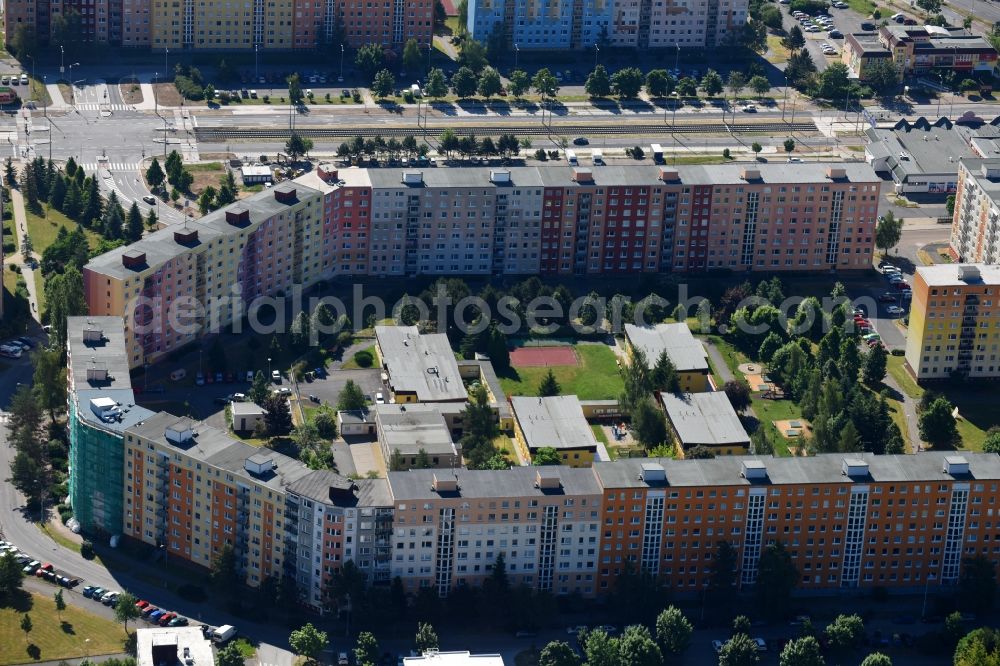 Pilsen from above - Skyscrapers in the residential area of industrially manufactured settlement in the district Bolvec in Pilsen in Boehmen, Czech Republic