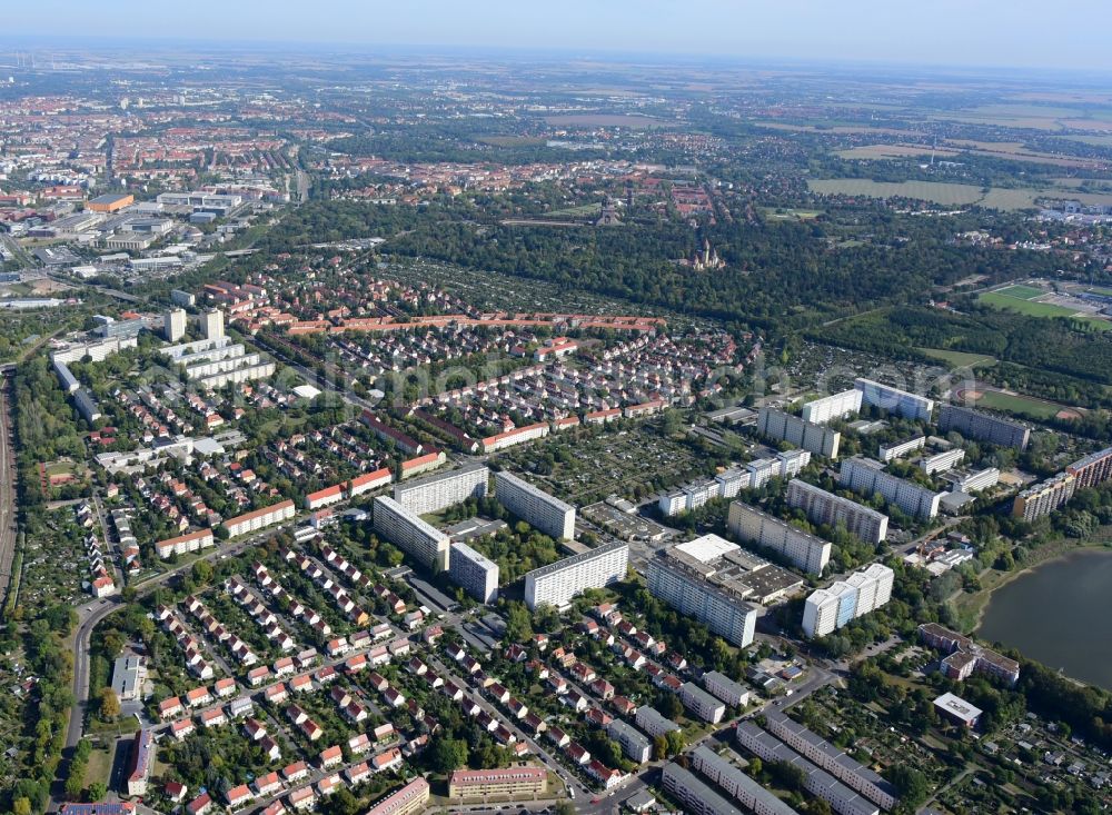 Leipzig from the bird's eye view: Skyscrapers in the residential area of industrially manufactured settlement in the district Loessnig in Leipzig in the state Saxony, Germany