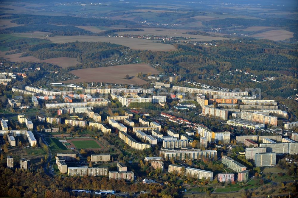 Aerial photograph Gera - Skyscrapers in the residential area of industrially manufactured settlement in the district Lusan in Gera in the state Thuringia, Germany