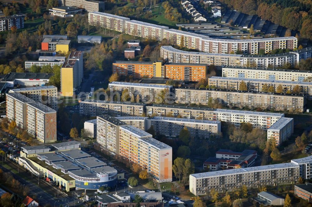 Aerial image Gera - Skyscrapers in the residential area of industrially manufactured settlement in the district Lusan in Gera in the state Thuringia, Germany