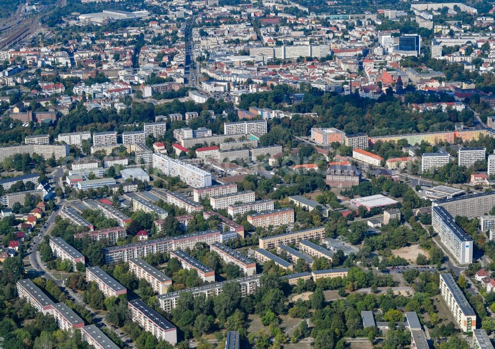 Aerial image Cottbus - Skyscrapers in the residential area of industrially manufactured settlement in the district Sandow in Cottbus in the state Brandenburg, Germany