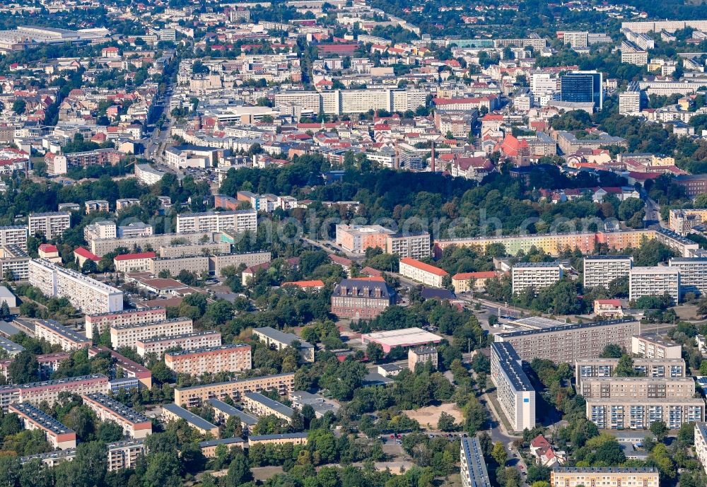 Cottbus from above - Skyscrapers in the residential area of industrially manufactured settlement in the district Sandow in Cottbus in the state Brandenburg, Germany