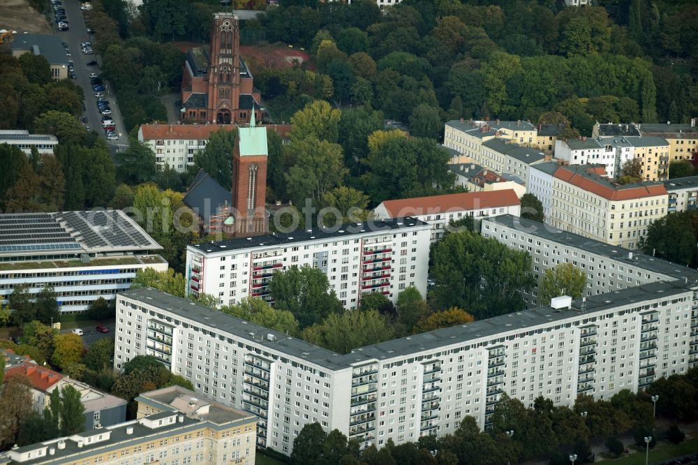 Berlin from above - Skyscrapers in the residential area of industrially manufactured settlement Palisadenstrasse - Karl-Marx-Allee destrict Friedrichshain in Berlin