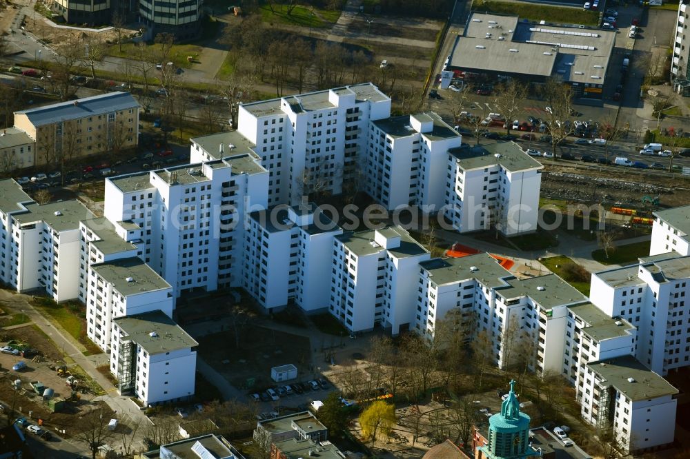 Berlin from above - Skyscrapers in the residential area of industrially manufactured settlement on Rathausstrasse in the district Mariendorf in Berlin, Germany