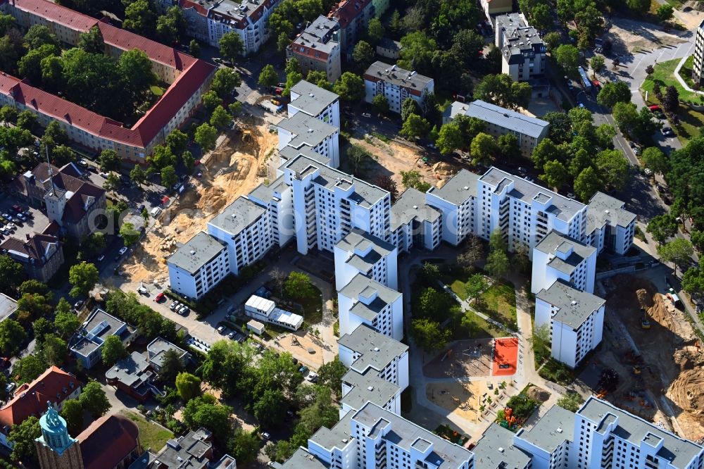 Berlin from above - Skyscrapers in the residential area of industrially manufactured settlement on Rathausstrasse in the district Mariendorf in Berlin, Germany