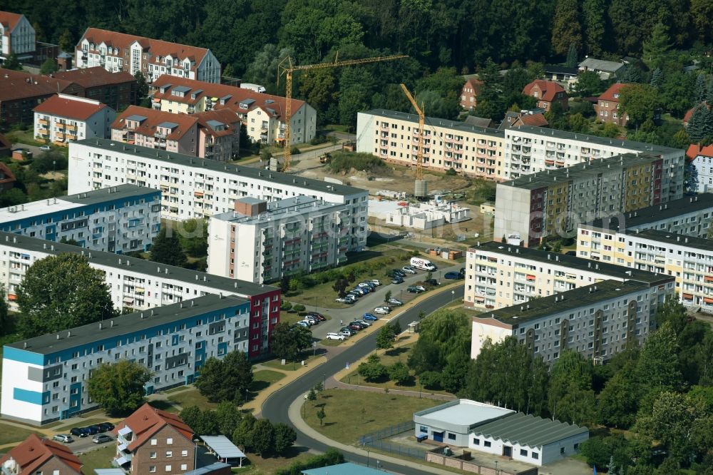 Ludwigslust from above - Skyscrapers in the residential area of industrially manufactured settlement Rudolf-Tarnow-Strasse in Ludwigslust in the state Mecklenburg - Western Pomerania