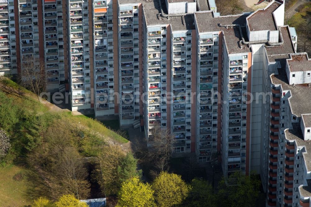 München from above - High-rise buildings in the residential area of a??a??an industrially manufactured prefabricated housing estate on Schumacherring in the district of Ramersdorf-Perlach in Munich in the state of Bavaria, Germany