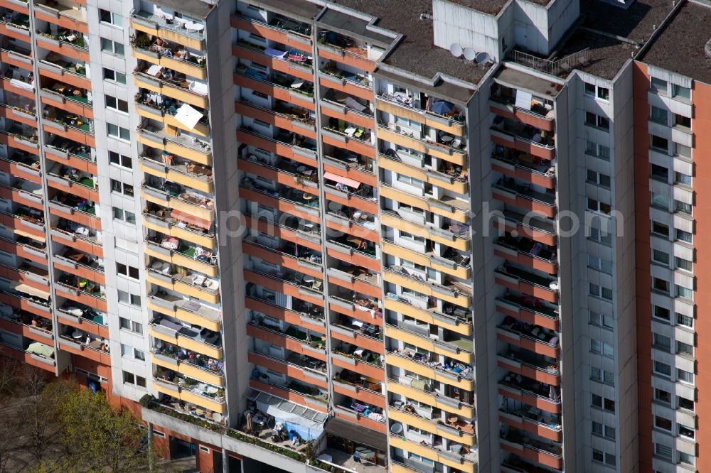 München from above - High-rise buildings in the residential area of a??a??an industrially manufactured prefabricated housing estate on Schumacherring in the district of Ramersdorf-Perlach in Munich in the state of Bavaria, Germany