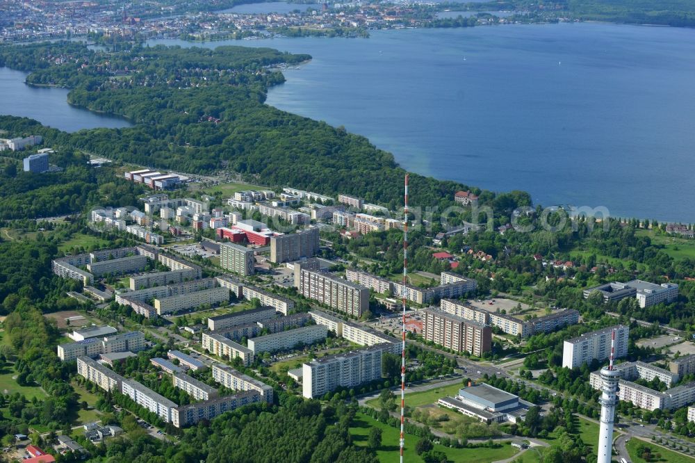 Schwerin from above - Skyscrapers in the residential area of industrially manufactured settlement in Schwerin in the state Mecklenburg - Western Pomerania