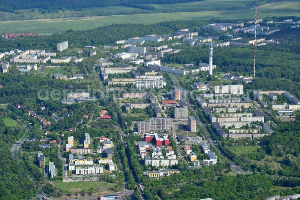 Schwerin from the bird's eye view: Skyscrapers in the residential area of industrially manufactured settlement in Schwerin in the state Mecklenburg - Western Pomerania