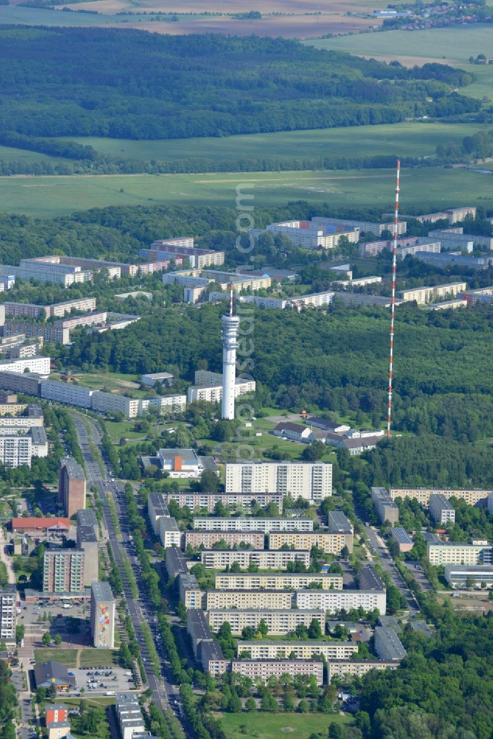 Schwerin from above - Skyscrapers in the residential area of industrially manufactured settlement in Schwerin in the state Mecklenburg - Western Pomerania