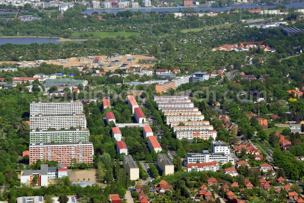 Schwerin from above - Skyscrapers in the residential area of industrially manufactured settlement in Schwerin in the state Mecklenburg - Western Pomerania