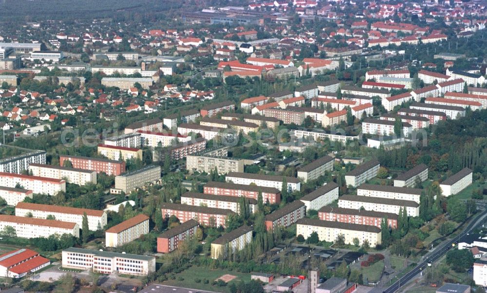 Senftenberg from above - Skyscrapers in the residential area of industrially manufactured settlement in Senftenberg in the state Brandenburg, Germany