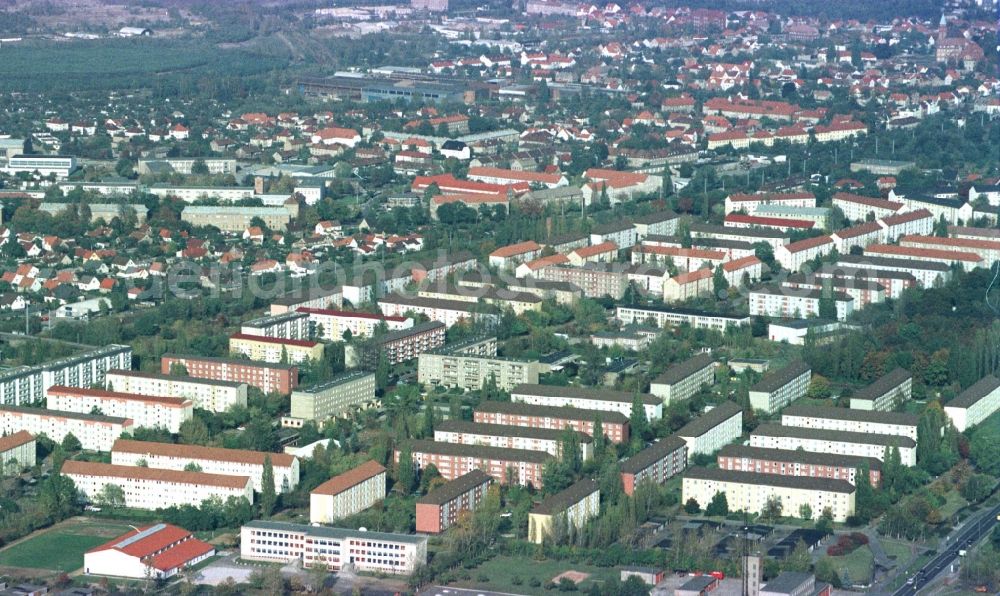 Senftenberg from the bird's eye view: Skyscrapers in the residential area of industrially manufactured settlement in Senftenberg in the state Brandenburg, Germany