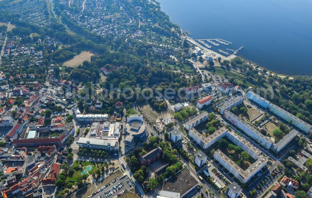 Senftenberg from above - Skyscrapers in the residential area of industrially manufactured settlement on lake Senftenberger See in Senftenberg in the state Brandenburg, Germany