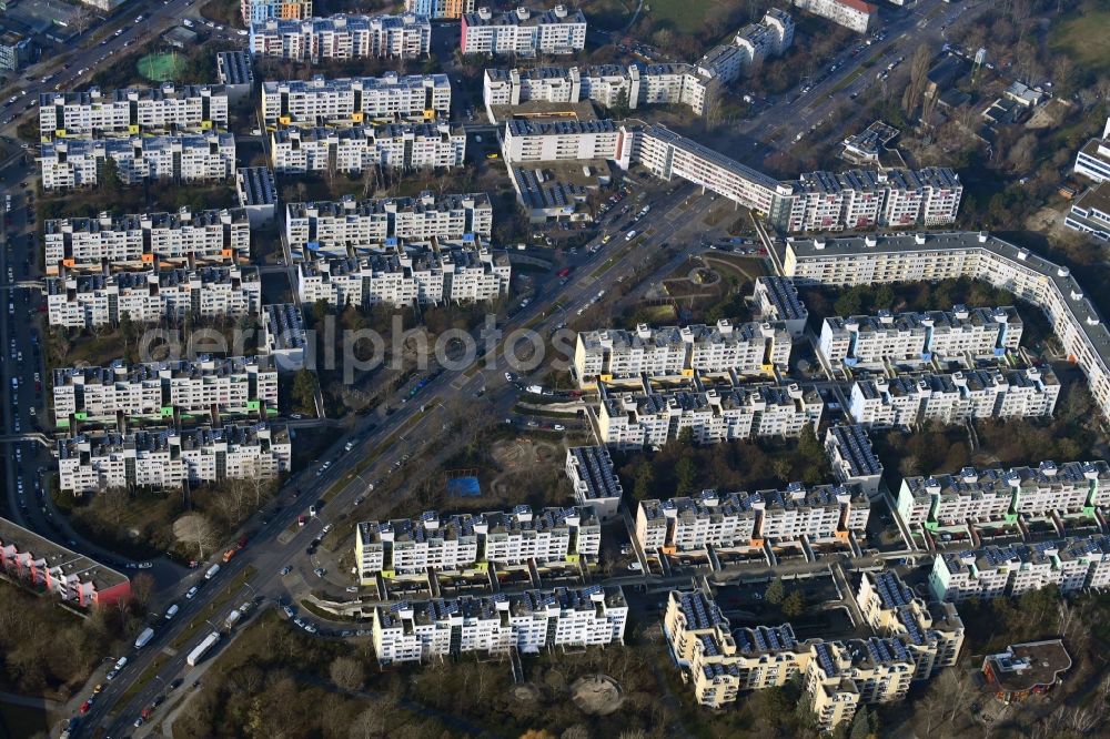 Berlin from above - Skyscrapers in the residential area of industrially manufactured settlement Sonnenallee - Michael-Bohnen-Ring in Berlin, Germany