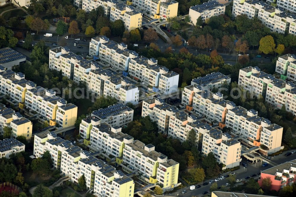 Berlin from above - Skyscrapers in the residential area of industrially manufactured settlement Sonnenallee destrict Neukoelln in Berlin