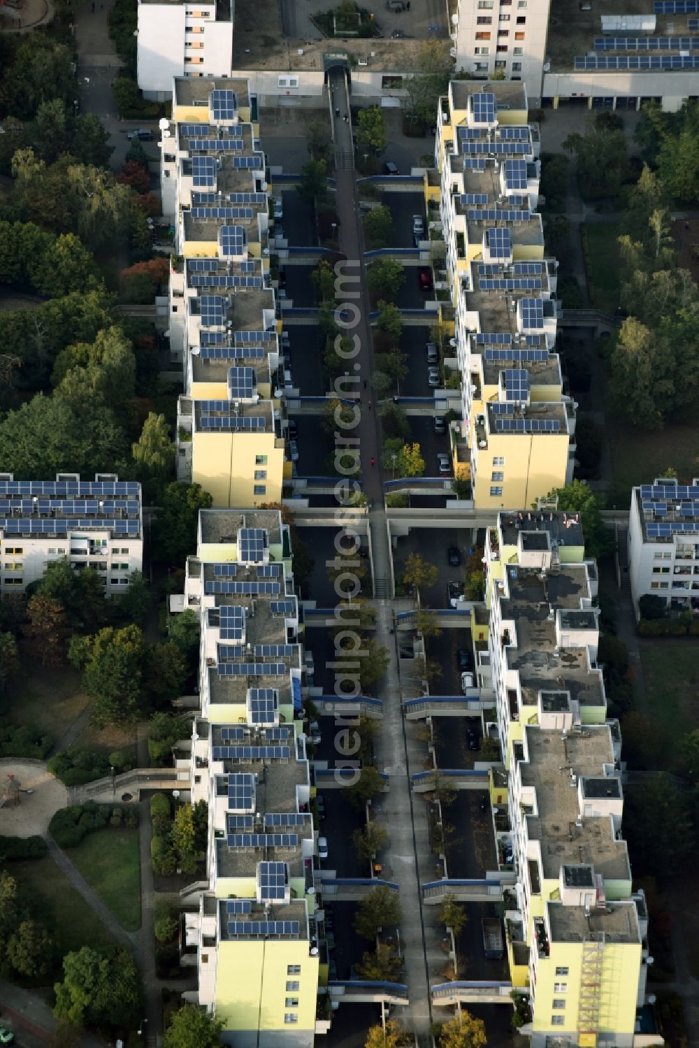 Berlin from the bird's eye view: Skyscrapers in the residential area of industrially manufactured settlement Sonnenallee destrict Neukoelln in Berlin