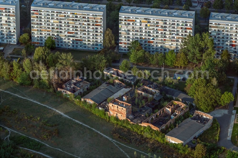 Leipzig from above - Skyscrapers in the residential area of industrially manufactured settlement on Strasse of 18. Oktober in the district Zentrum-Suedost in Leipzig in the state Saxony, Germany