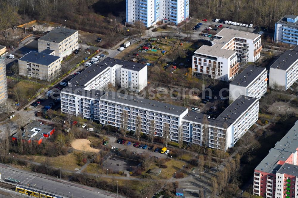 Berlin from above - Skyscrapers in the residential area of industrially manufactured settlement Tangermuender Strasse in the district Hellersdorf in Berlin, Germany