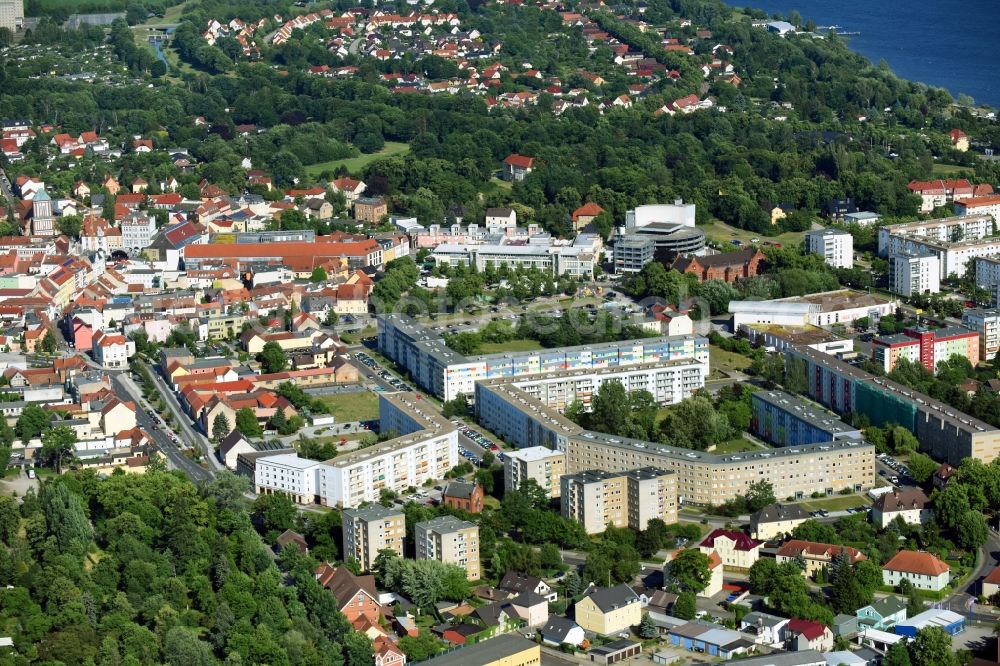 Senftenberg from above - Skyscrapers in the residential area of industrially manufactured settlement Wehrstrasse - Schulstrasse - Rosenstrasse in Senftenberg in the state Brandenburg, Germany