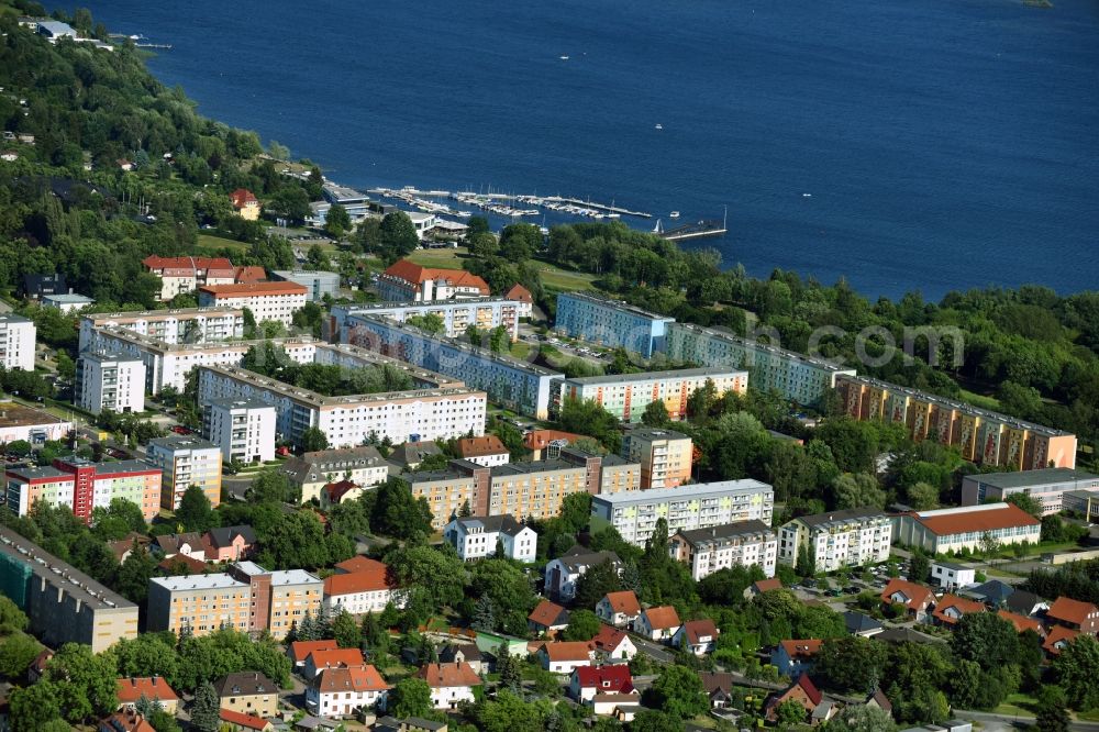 Senftenberg from the bird's eye view: Skyscrapers in the residential area of industrially manufactured settlement Wehrstrasse - Schulstrasse - Rosenstrasse in Senftenberg in the state Brandenburg, Germany