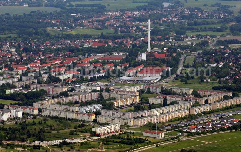 Wolfen from above - Skyscrapers in the residential area of industrially manufactured settlement in Wolfen in the state Saxony-Anhalt, Germany