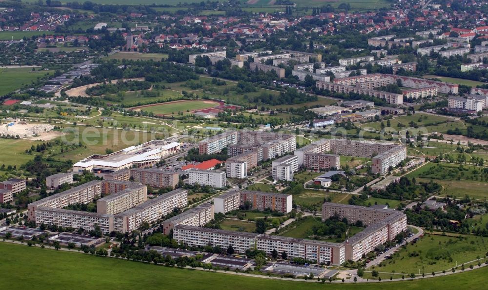 Aerial image Wolfen - Skyscrapers in the residential area of industrially manufactured settlement in Wolfen in the state Saxony-Anhalt, Germany