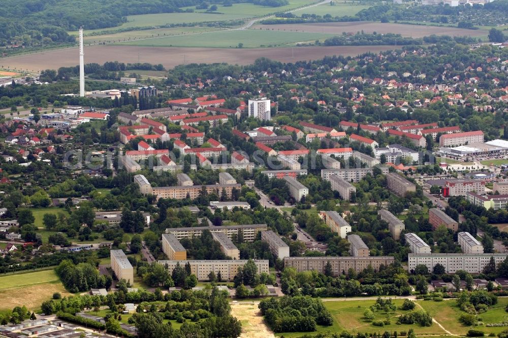 Wolfen from the bird's eye view: Skyscrapers in the residential area of industrially manufactured settlement in Wolfen in the state Saxony-Anhalt, Germany